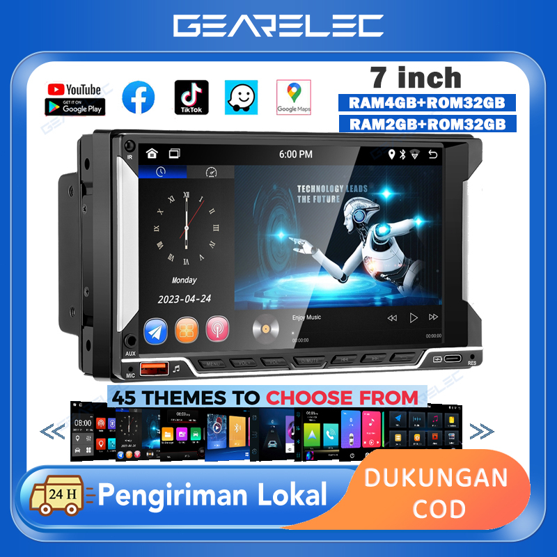 GEARELEC Car Radio 7inci double din Mobil Navigasi 4G + 32G Android12 Head Unit with 45 tema car radio with IPS Lapisan Layar Sentuh  Dukungan WiFi/GPS/youtube