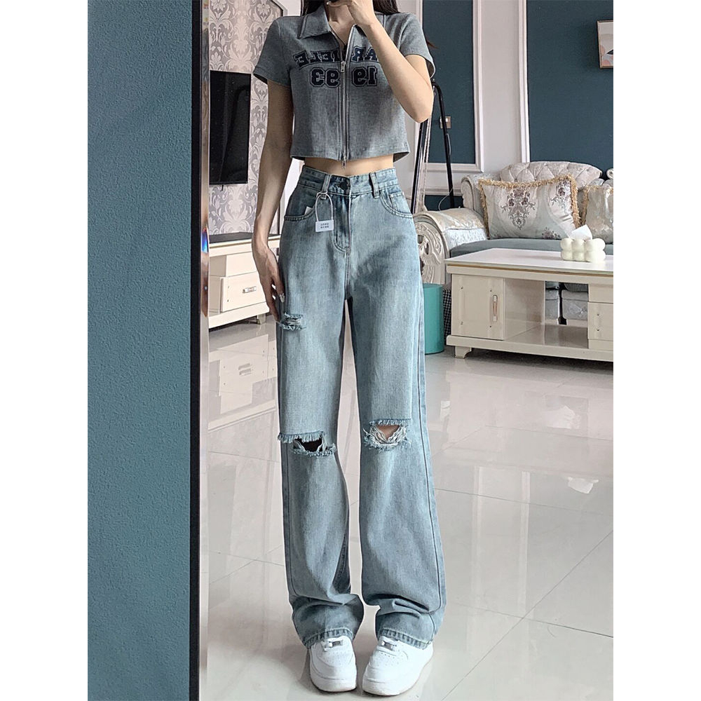 Biru muda highwaist sobek celana jeans panjang wanita import terbaru