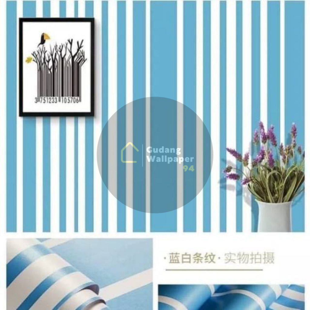 (PROMO) Gudang Wallpaper Stiker Dinding Kamar Tidur Motif Garis Biru Vintage Aesthetic Bahan PVC Premium Anti Air dan Anti Noda Berkualitas Terbaik Grade A+ Sudah Ada Lem