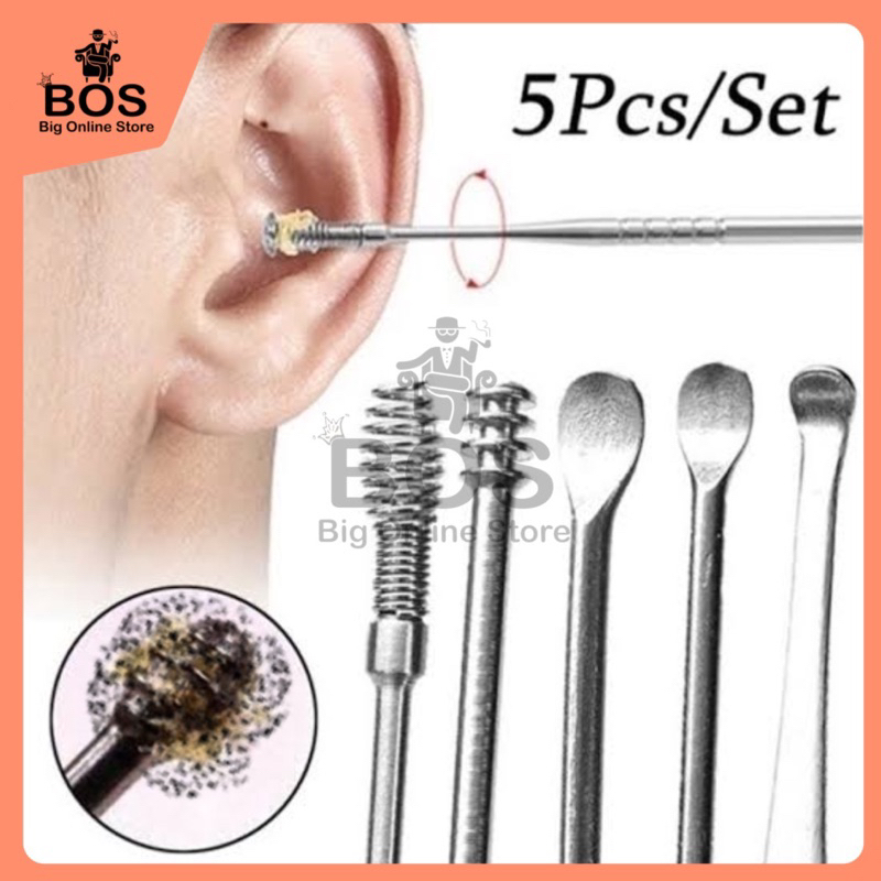 BOS - Korek Kuping Set 5in1 | Paket Alat Pembersih Kuping Stainless Steel 5 in 1