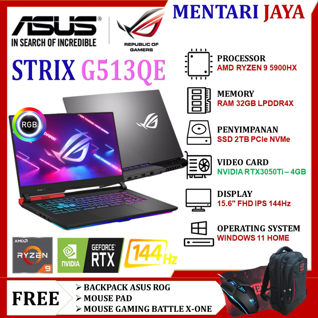 Asus Rog Strix G15 G513Qe Amd Ryzen 9 5900Hx 32Gb 2Tb Ssd Rtx3050Ti Fhd 144Hz Rgb