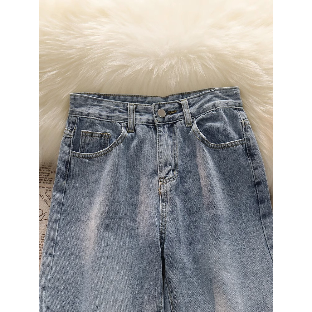 Biru muda Rawis Denim Highwaist Loose Celana Jeans Wanita korea