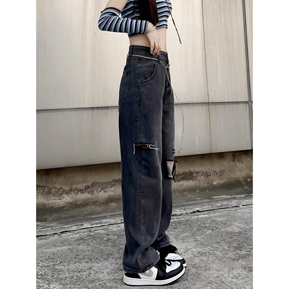 Sobek Jeans Highwaist Loose Celana Jeans Wanita Kelabu Hitam(realpict)