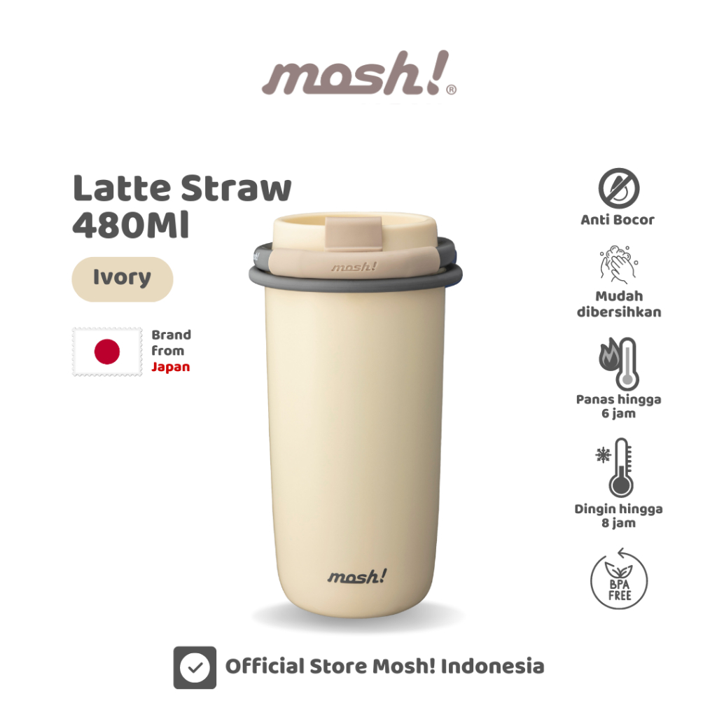 Mosh Latte Straw Tumbler Stainless Steel 480ML - Botol Minum Termos Tahan Panas dan Dingin - Ivory