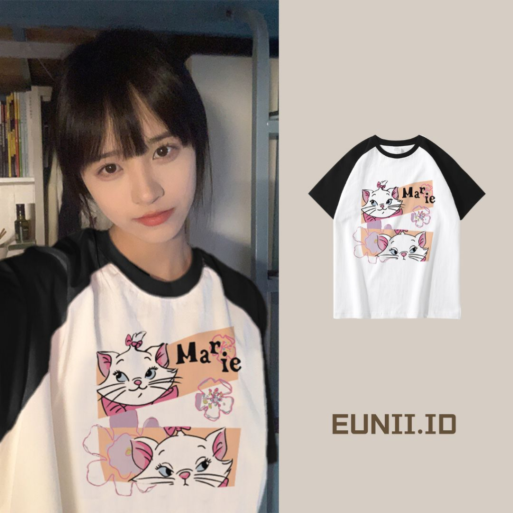 EUNII T-shirt Lengan Pendek Cartoon Marie Cat Korean Style/Kaos Atasan Wanita/Baju Kaus Oversize Wanita/Kaos Wanita