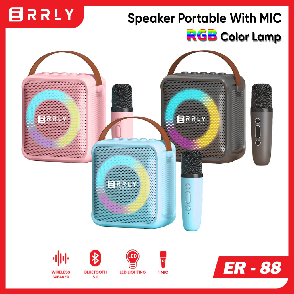 ERRLY ER-88 Speaker Bluetooth Microphone ER88 RGB LED 1 MIC Speker Karaoke KTV Nirkabel Wireless AUDIO EXTRA BASS Dapat terhubung ke HP , TV , Komputer