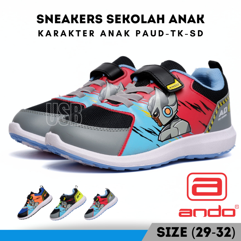 Sepatu Sekolah Anak Laki Laki TK PAUD SD Karakter Ando Supramix Sneaker Anak  Perekat Tempel