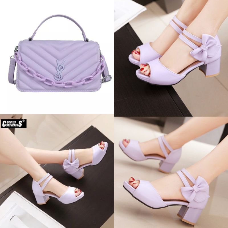 paket sandal heels hak tahu wanita dan tas selempang anggun