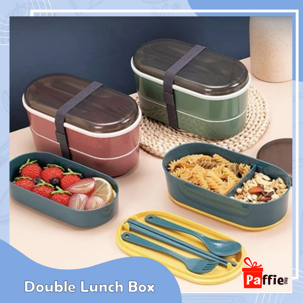 Double Lunch Box Susun Kotak Bekal Makan Siang Bento Set Sendok Tali A