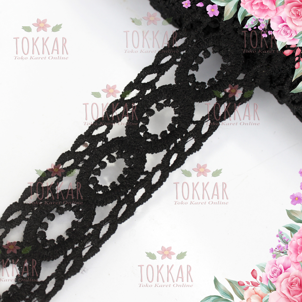 (Per Meter) RDB508 Renda Bordir Tengahan Hitam Motif Cantik Lebar 3,5Cm