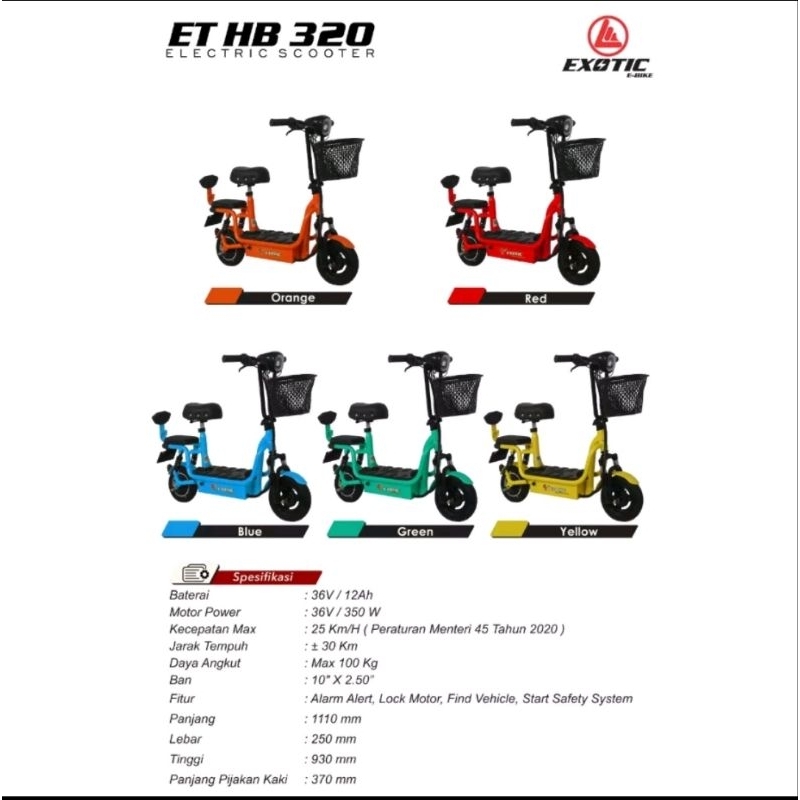 SKUTER ELECTRIC SCOOTER HB 320 EXOTIC 10X2.50 MOTOR 350WATT JARAK TEMPUH 30KM BATTERY 36V/12AH RED CYAN BLUE ASLI ORIGINAL GARANSI BY PACIFIC KREDIT CICILAN SEPERTI SEPEDA LISTRIK