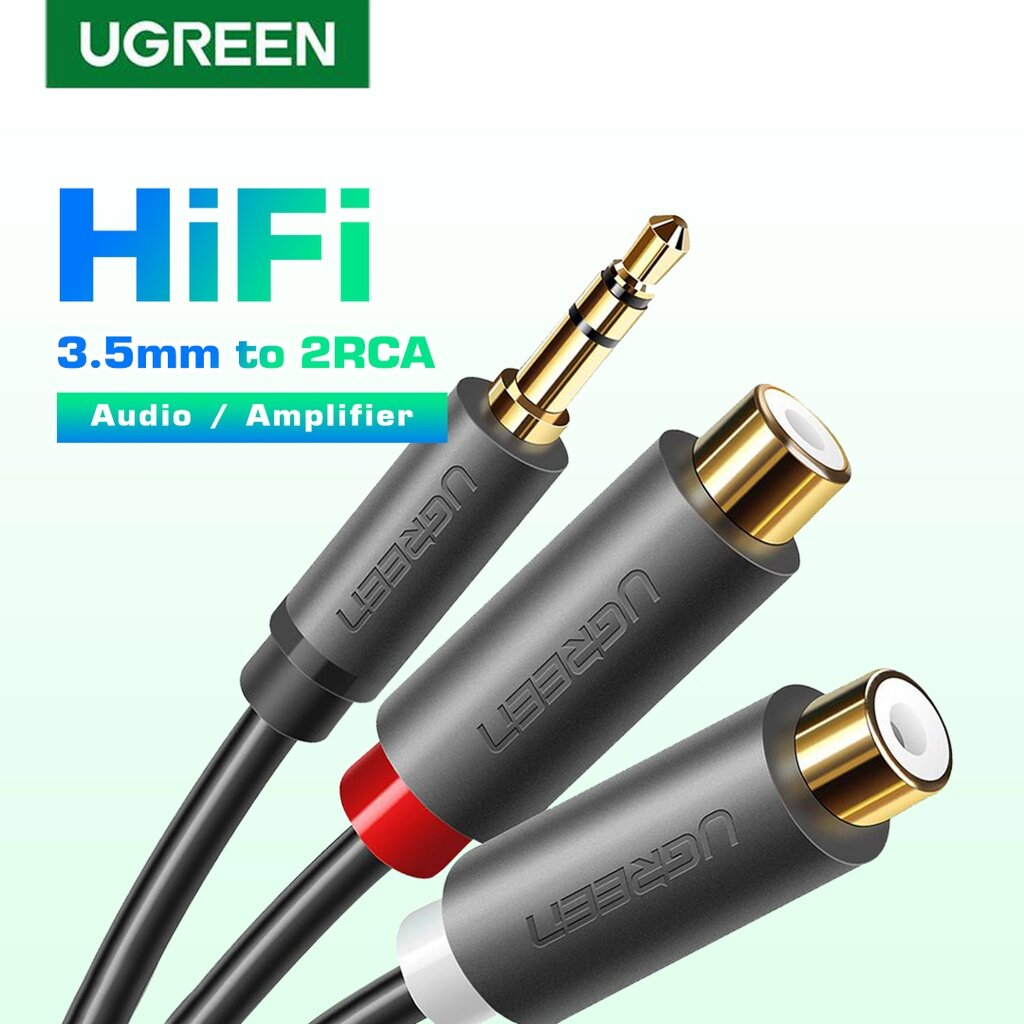 UGREEN Kabel Rca Splitter Audio Amplifier + Mic Jack 3.5mm HiFi Headset Ke Laptop Speaker Tv