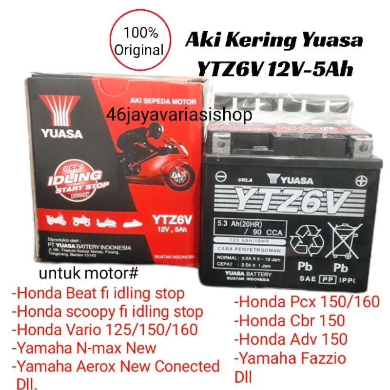 Aki Motor Yuasa YTZ6V 12V-5Ah N-max new Vario125/150/160 Pcx150/160 Beat Fi iss Scoopy Fi iss Dll Aki Motor 100% Original