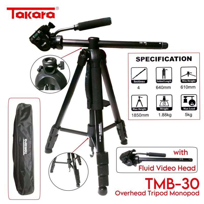 Takara TMB-30 / TMB30 Overhead Flatlay Tripod Monopod with Fluid Video Head