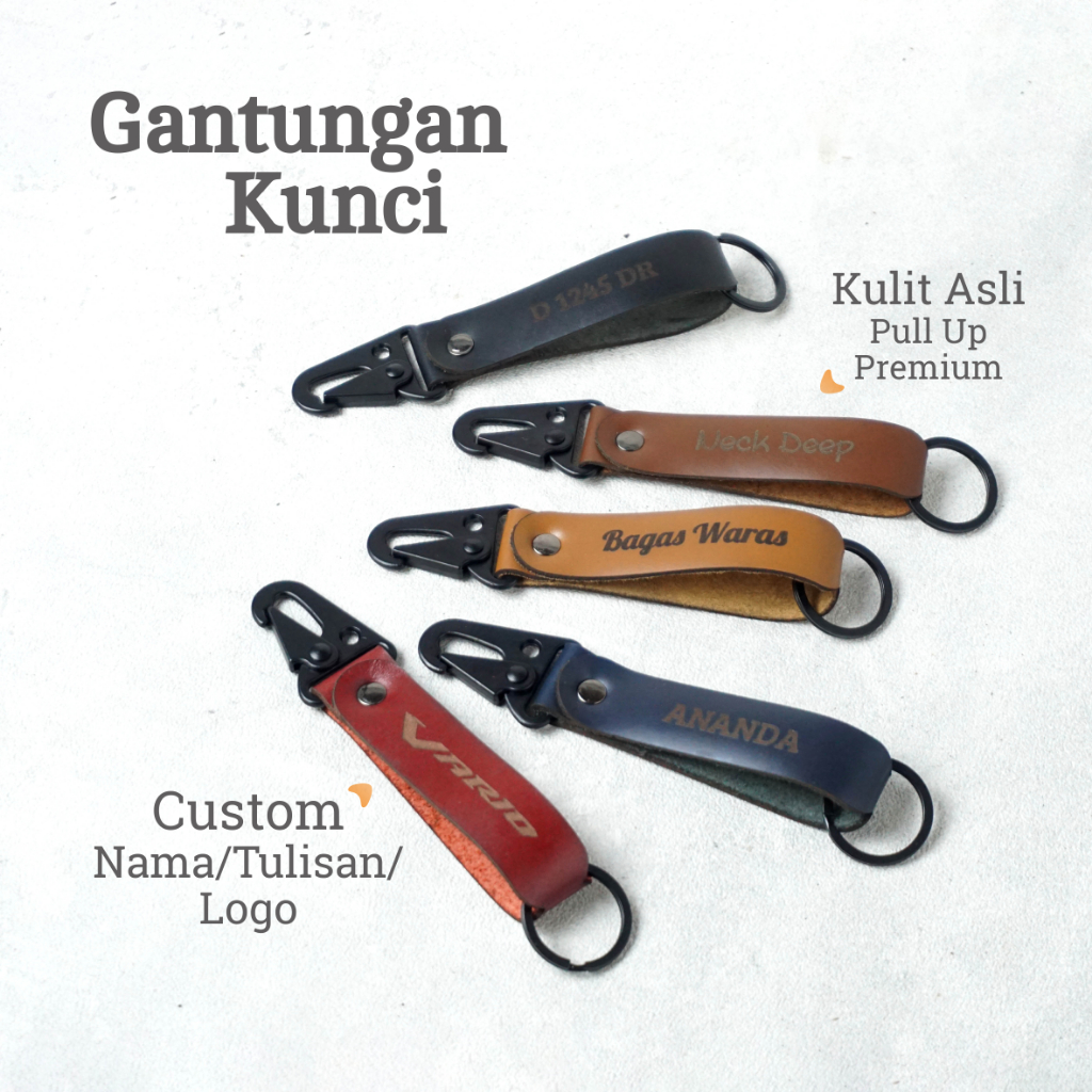Gantungan Kunci Keychain Kulit Asli Carabiner Custom Request Nama Tulisan Luggage Name Tag Tas Motor