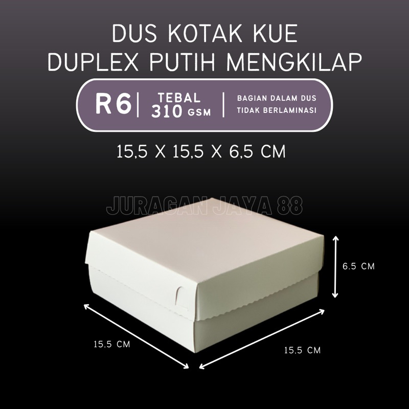 

Dus Kue / Kotak Makan R6 15,5cm x 15,5cm x 6,5cm Duplex Putih Mengkilap (Ketebalan 310 gram) | Kotak Nasi / Kotak Kue
