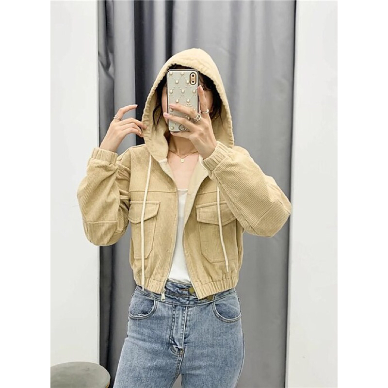 Banana | Jaket Wanita Vintage Jacket Corduroy Hight Waist Cropped Hooded Top | Jaket Korduroi Hoodie