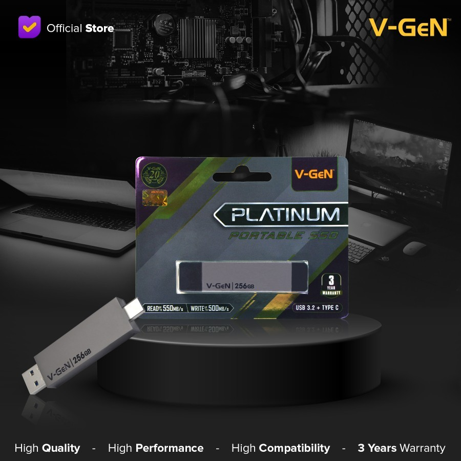 SSD V-GeN Portable 256GB USB 3.2 Type-C Platinum Vgen Portable 256 GB