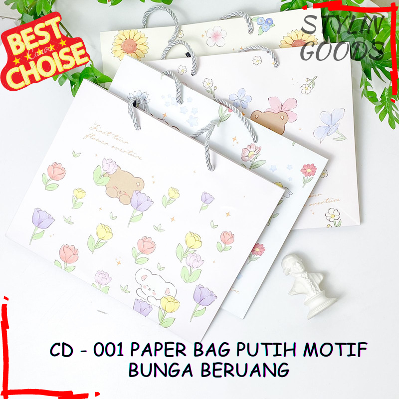 

GODDIE BAG TAS KADO SIZE 22 X 16 X 12 CM / CD - 001 PAPER BAG PUTIH MOTIF BUNGA BERUANG / BISA GROSIRAN COD