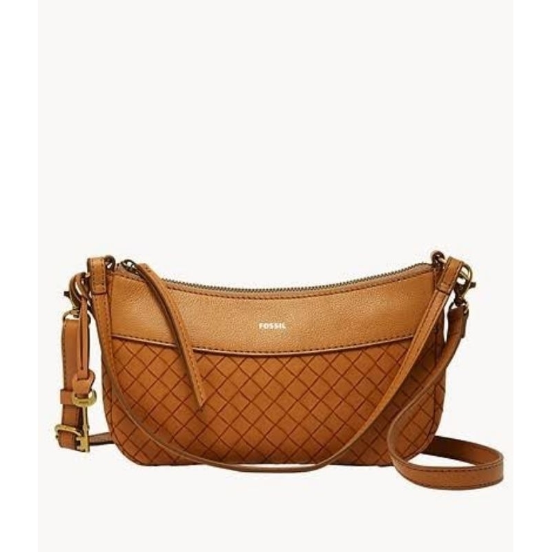 fossil skylar baguette crossbody woven tan camel