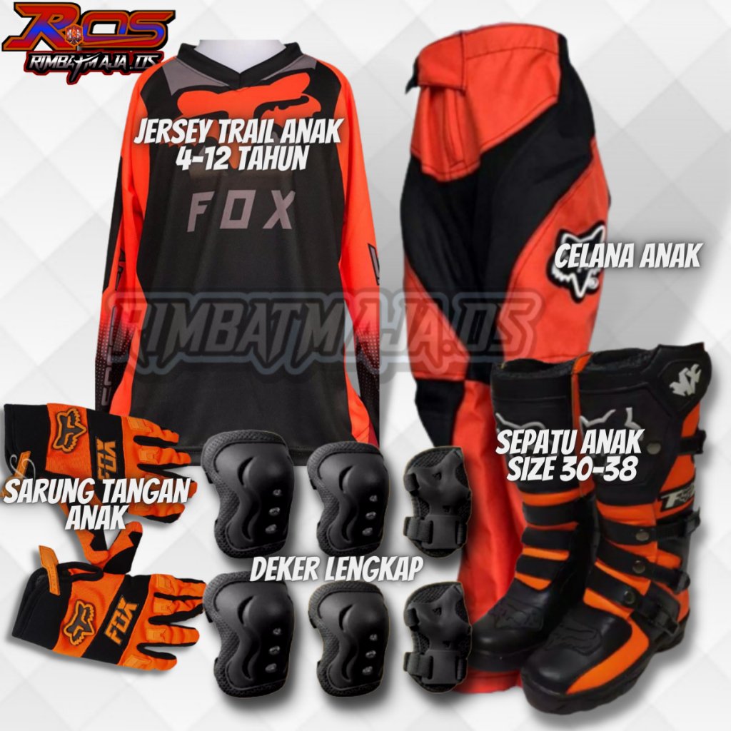 Jersey Set baju motor trail anak satu set celana sepatu sarung tangan dan deker lengkap 4-12 tahun