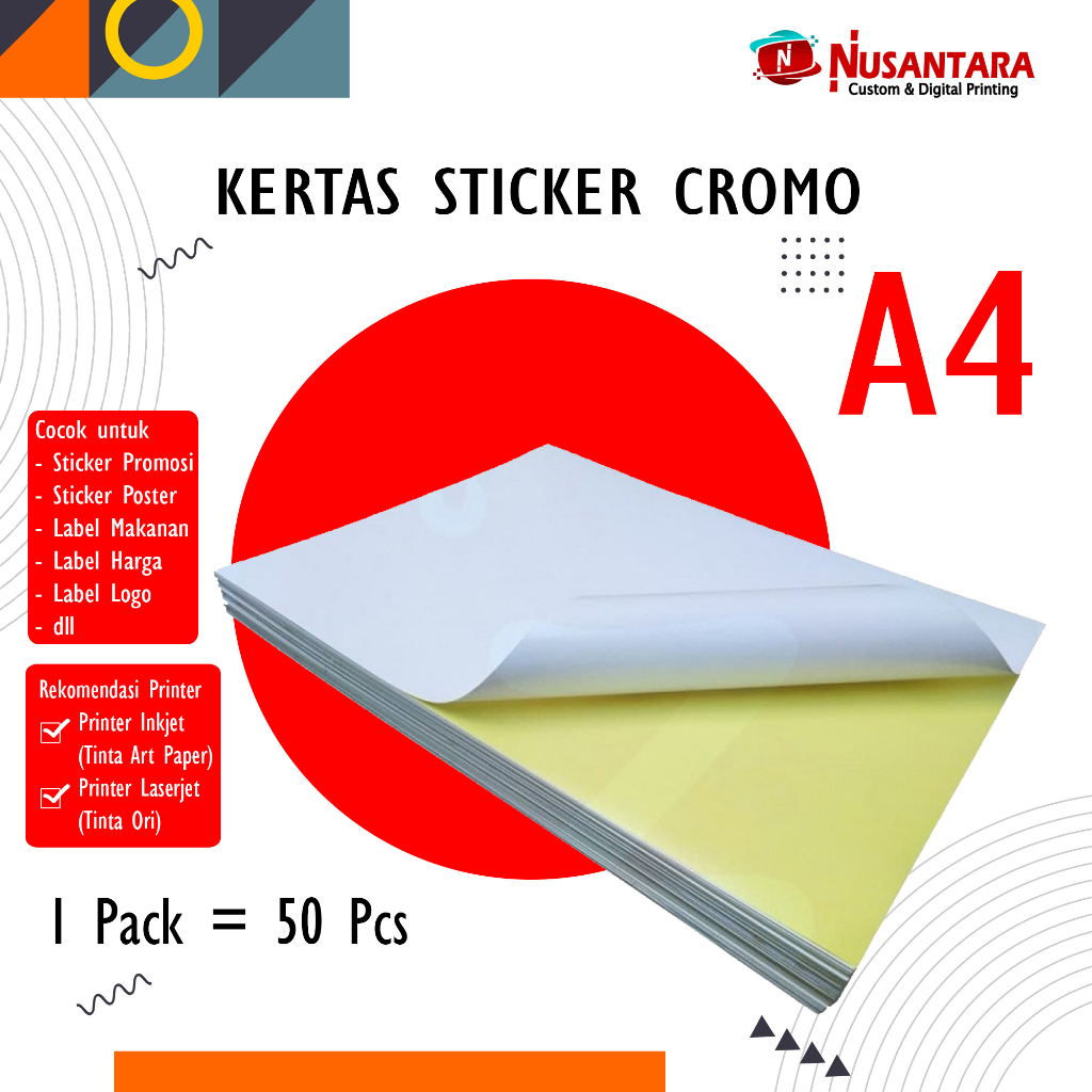 

STICKER CHROMO A4 ISI 50 LEMBAR / KERTAS STIKER GLOSSY MENGKILAP A4