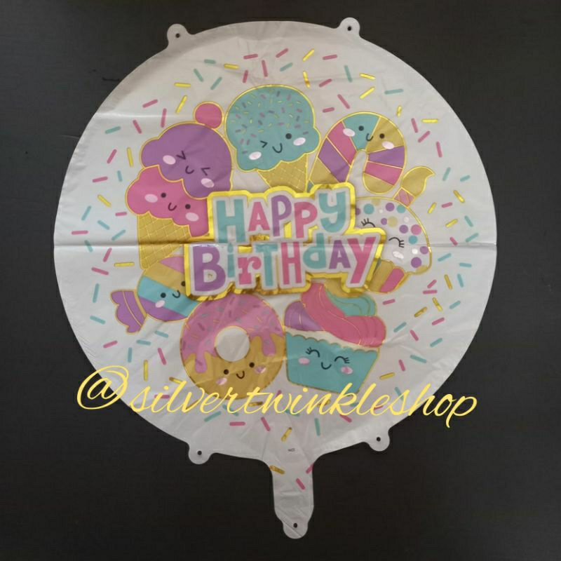 Balon foil bulat happy birthday tema permen candy dessert donat kue cake ice cream es krim rainbow c