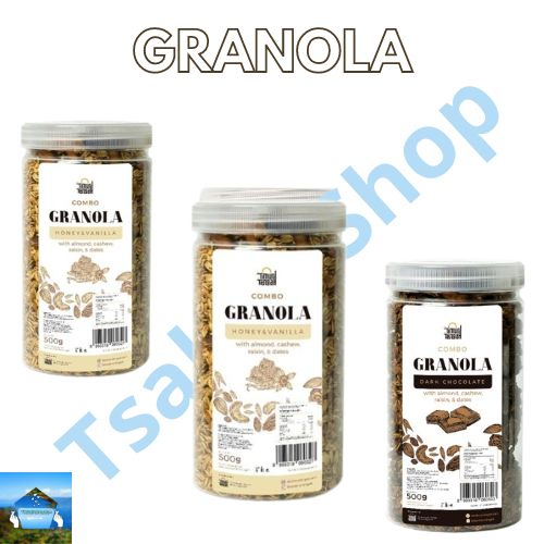 

Granola Honey & Vanilla / Dark Chocolate / Blueberry Timur Tengah Sereal Makanan Sehat High Quality - Toples 500 gr