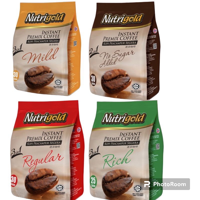 

Nutrigold Instan Premix Coffee Mild-Reguler-Rich- No Sugar Aded Malaysia