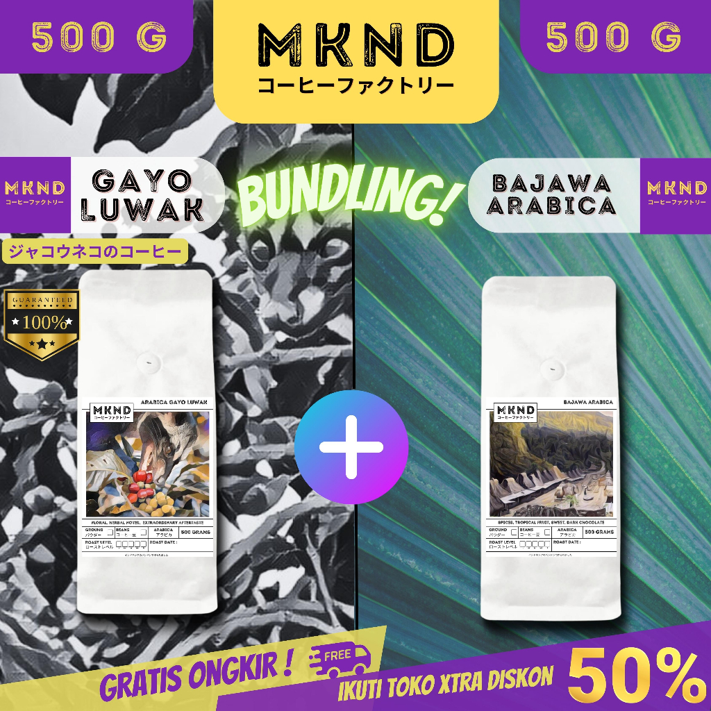 

MKND® BUNDLING HEMAT 2X500 KOPI ARABIKA ACEH GAYO LUWAK LIAR + KOPI ARABIKA BAJAWA GRADE 1 SINGLE ORIGIN PROMO DISCON | BIJI BUBUK | SINGLE ORIGIN | PREMIUM COFFE | ROASTED BEANS | MANUAL BREW | COFFE ROASTERY