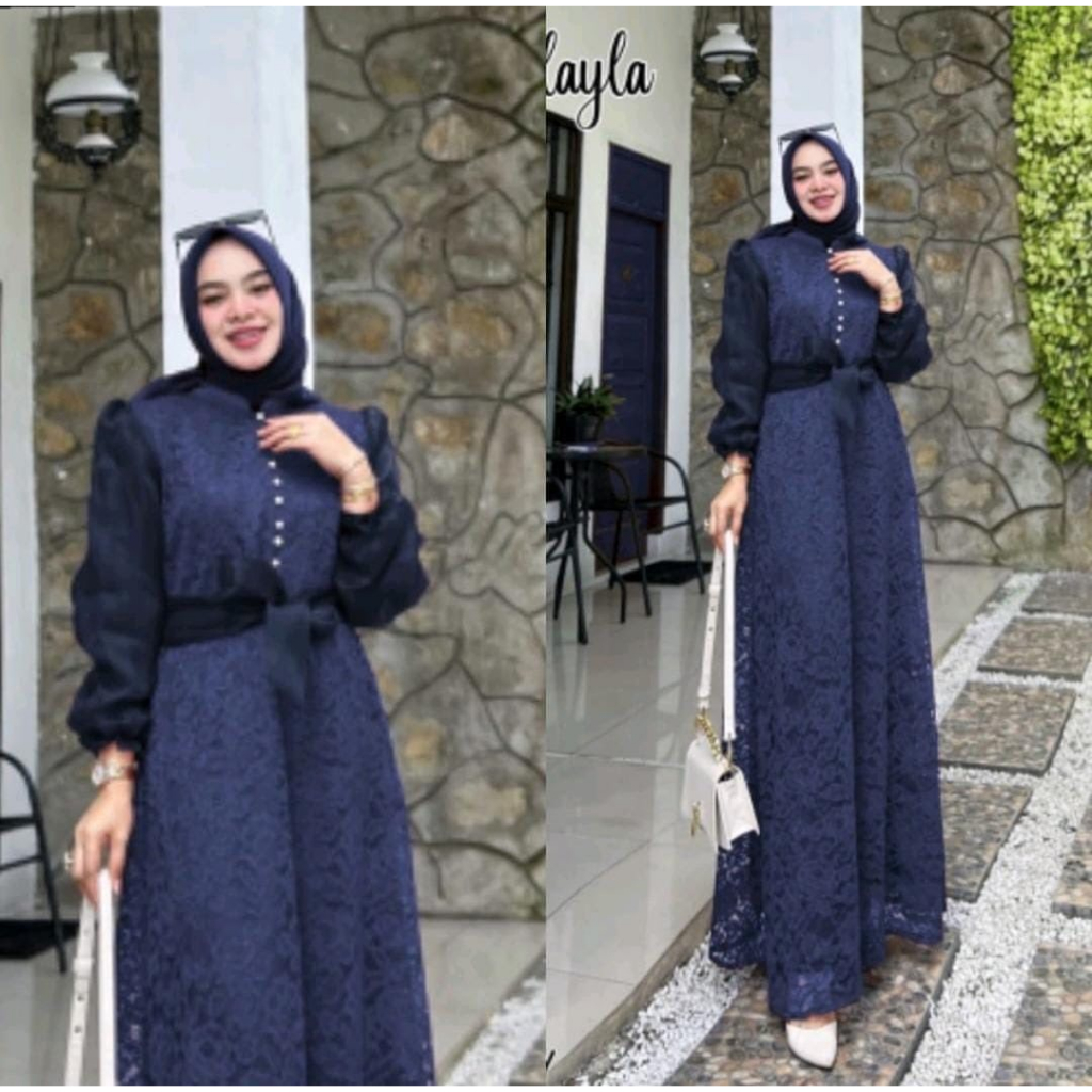 Gamis brukat kalayla dress / baju gamis pesta wanita terbaru / gamis kodanganan kekinian / gamis brukat tulang mix organza