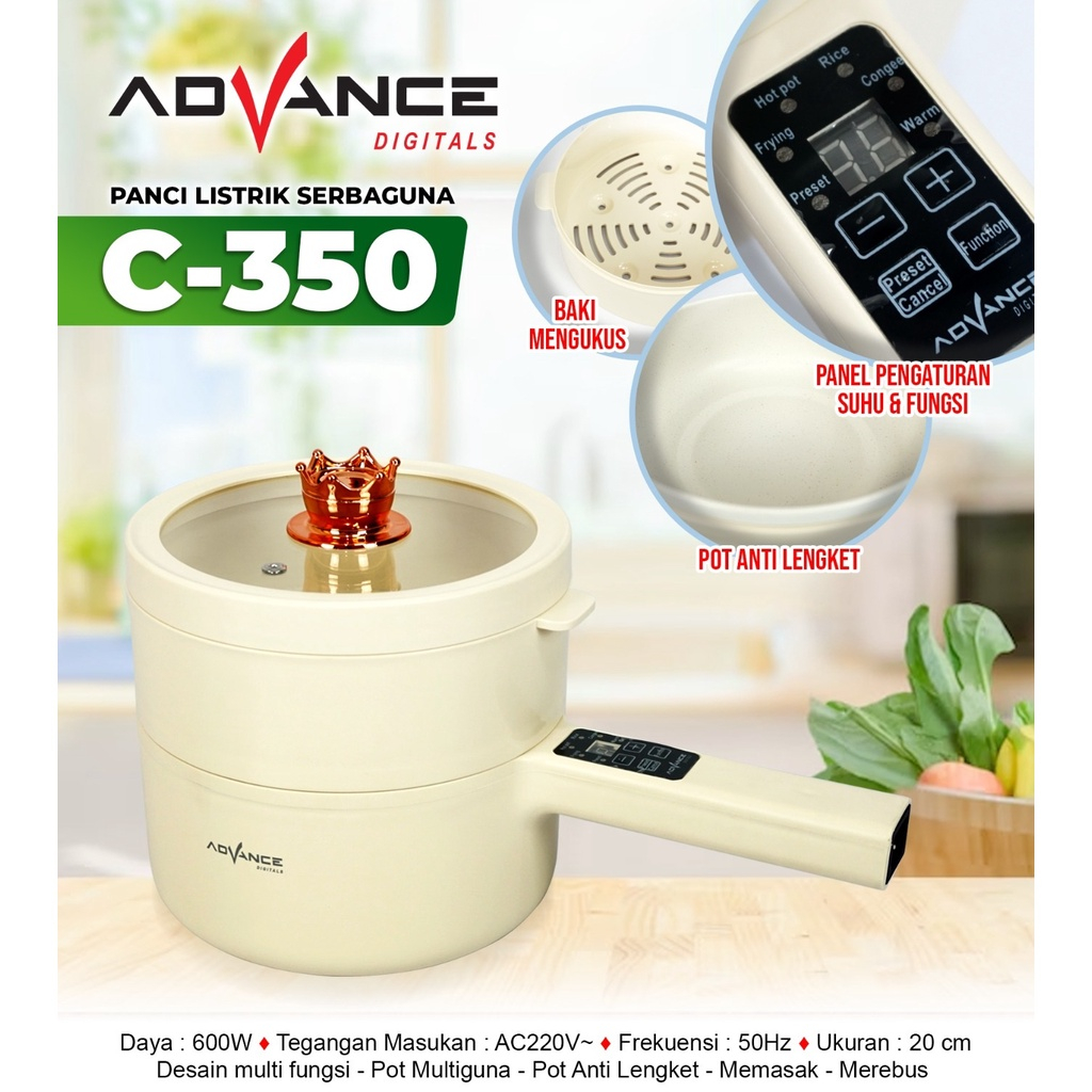 ADVANCE Panci Listrik 1.8L Panci Penggorengan Keramik Elektrik Free Steamer C-350