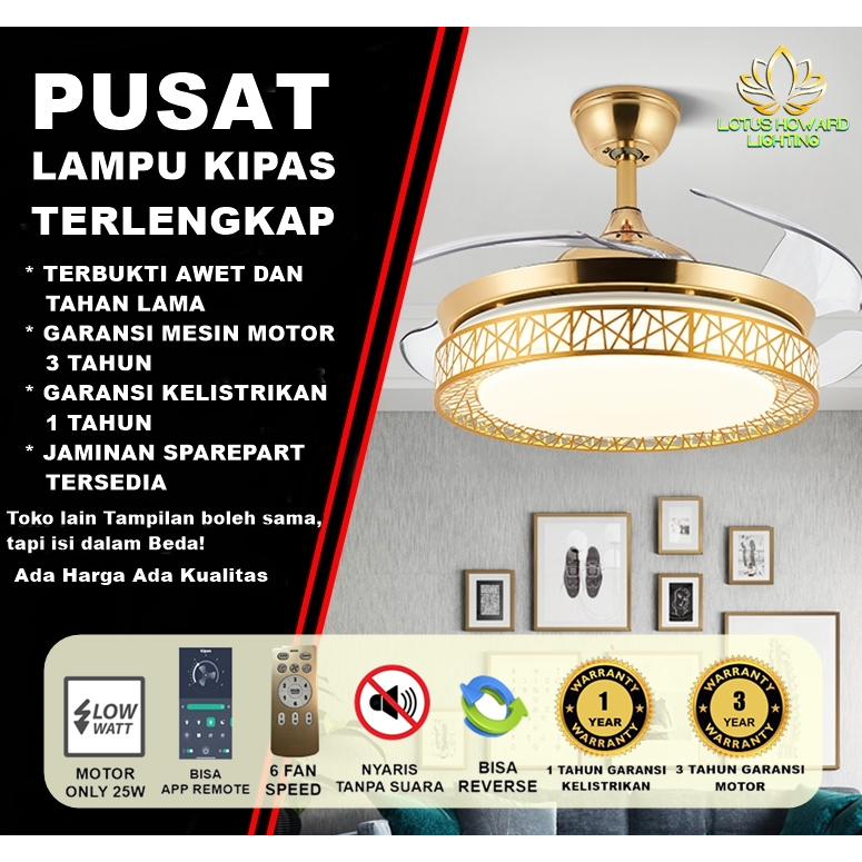⭐GARANSI 3 TAHUN⭐ LAMPU KIPAS ANGIN GANTUNG PLAFON LOTUS 6008 GOLD - KIPAS LAMPU 42 INCH