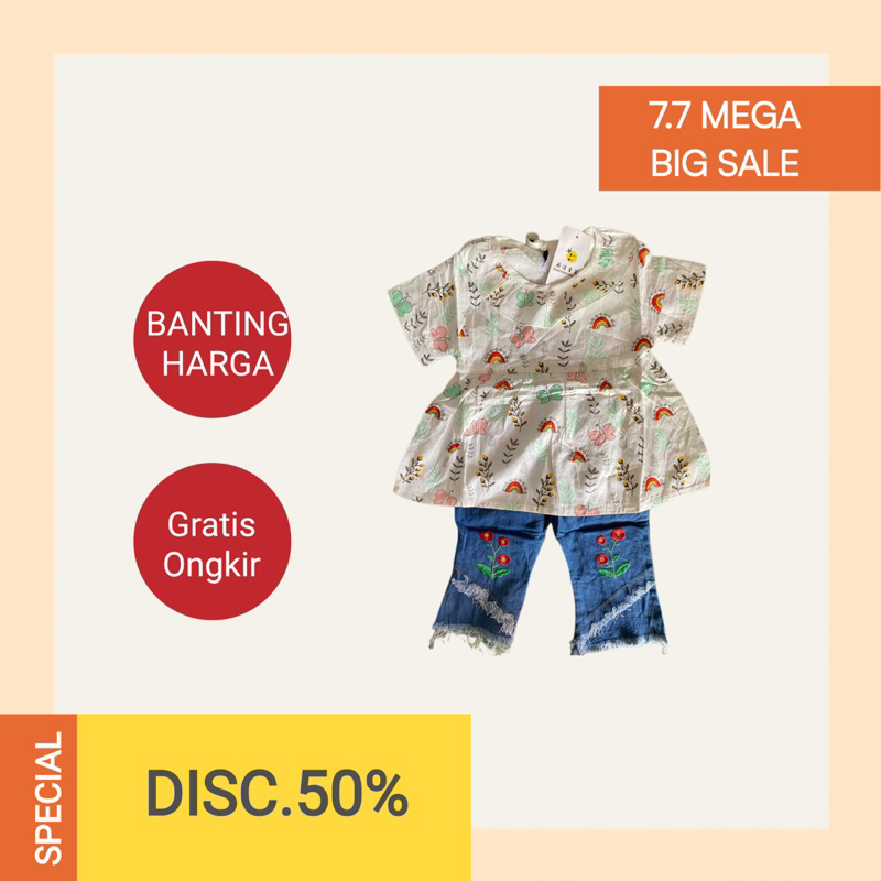 Setelan anak bahan katun motif bunga