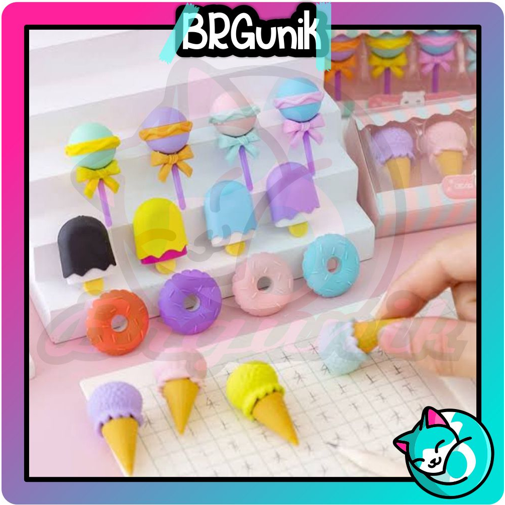 

BRGUNIK Penghapus Pensil Karakter Sweet Shop Cone Lolipop Ice Cream Donut Set 4 S075