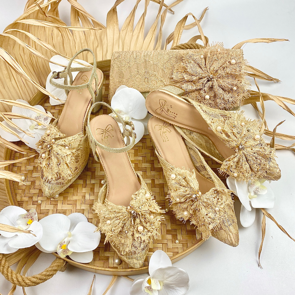 Gold Selop Sandal Sepatu Pesta Wanita Block Heels & Tas Matching Set AVEDA 6436 SALE CUCI GUDANG