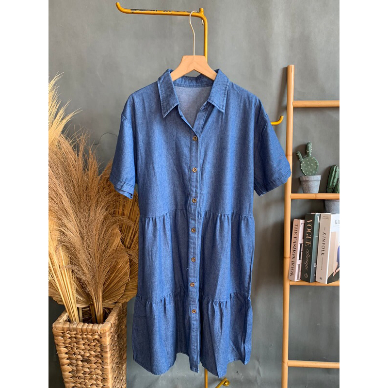 Naniya Dress Denim Ruffle | Dress Kancing Bahan Jeans Lembut ruffle muat s sampai xl