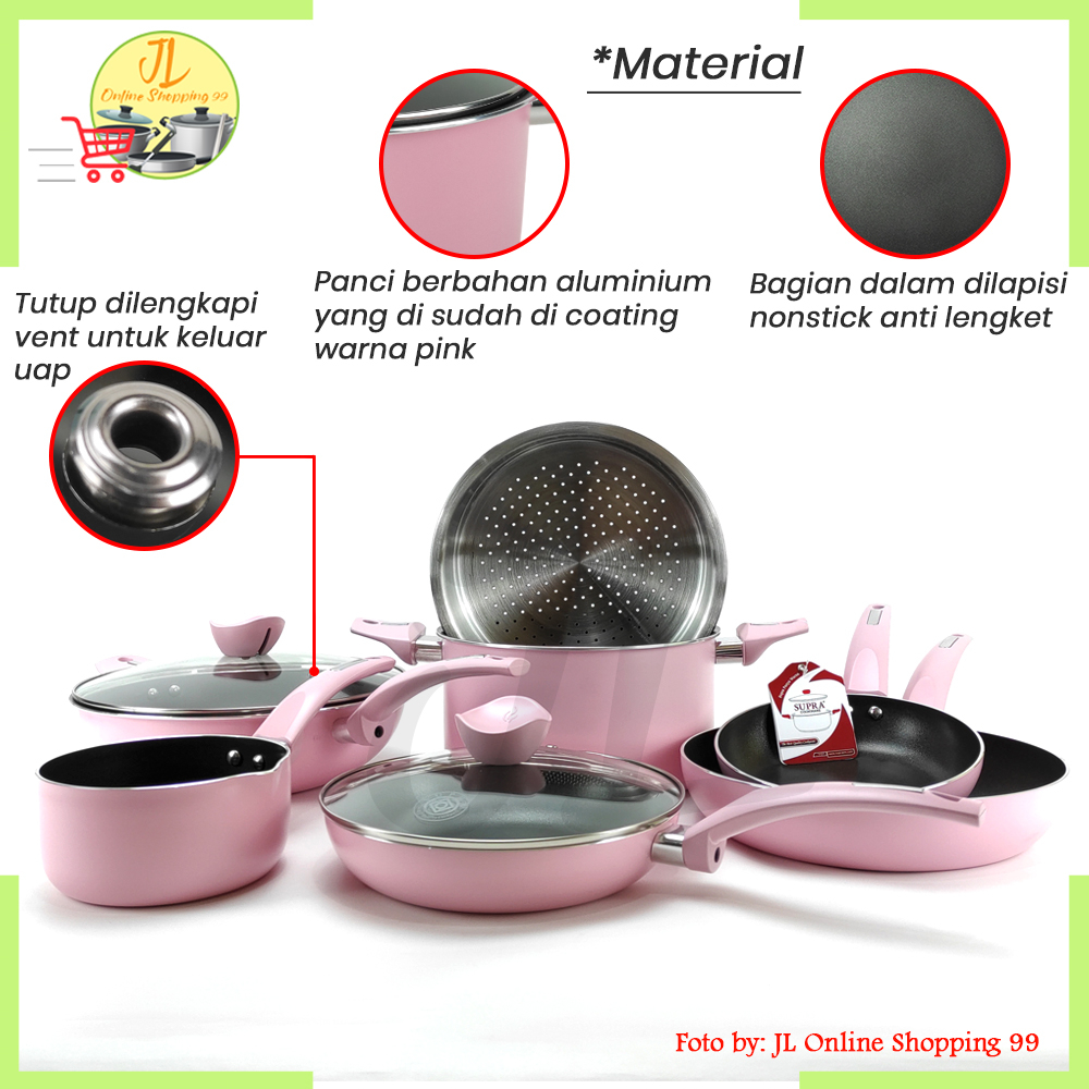 Baru Cookware set 9pcs renatta pastel PINK SUPRA / panci penggorengan anti lengket / panci set