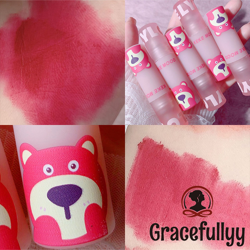 [COD]KEKEMOOD Lip Gloss Strawberry Bear Lip Glaze Matte Moisturizing Lip Mud Tahan Air Tahan Lama-GY