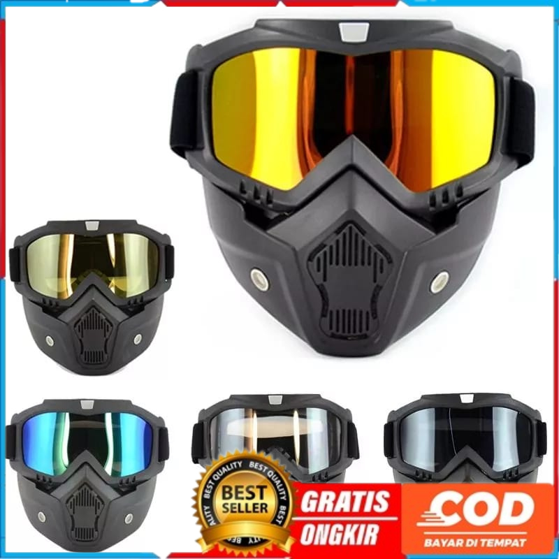 Goggles Kacamata + Masker Full Face Helem Google Mask Helm Gun Ski Motor Cross Topeng Kaca Mata Trai