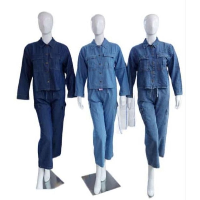 one set jins/setelan wanita jins/set celana baju jins/oneset