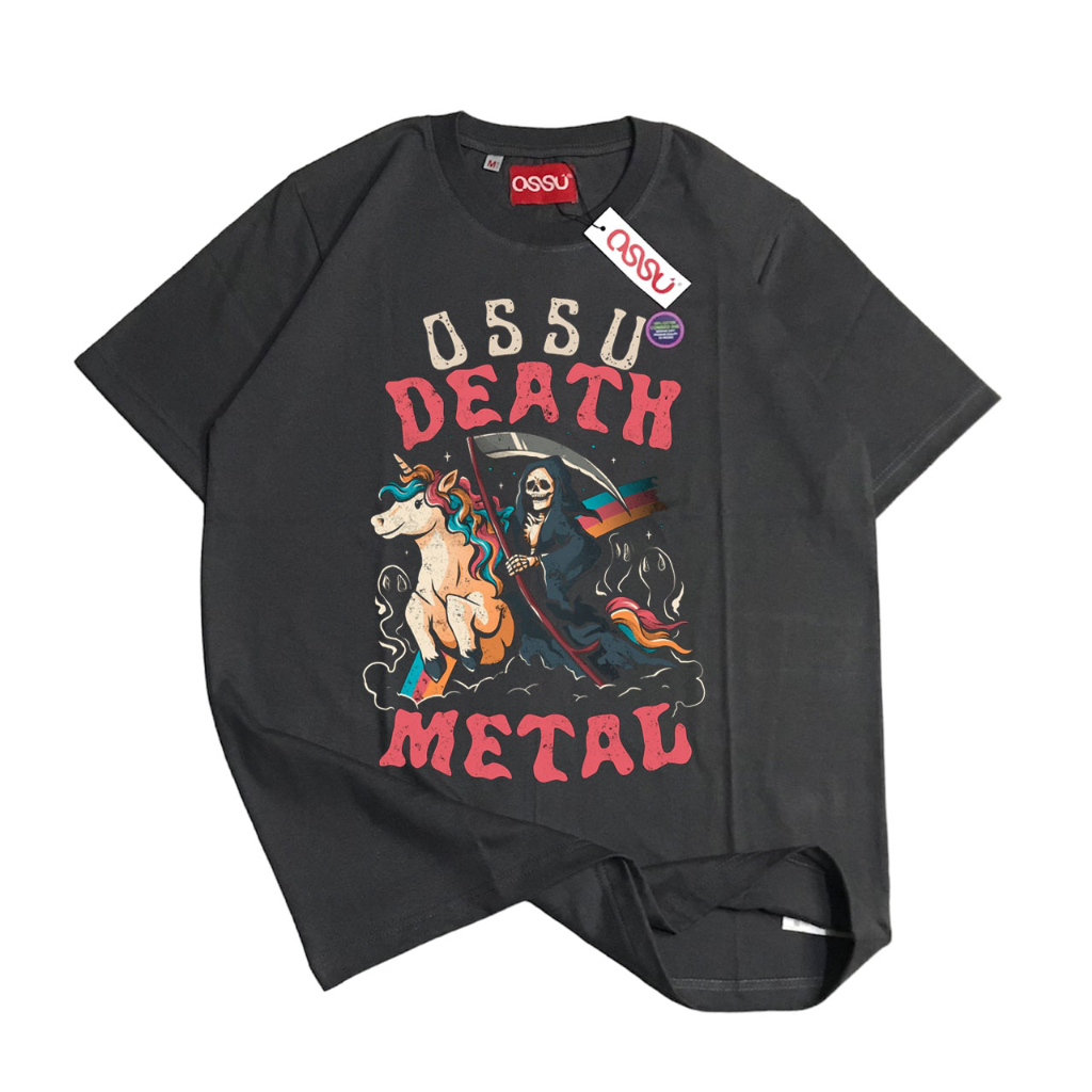 KAOS OSSU DEATH METAL UNICORN GREAM REAPER RAINBOW BLACK WASHED GREY TSHIRT