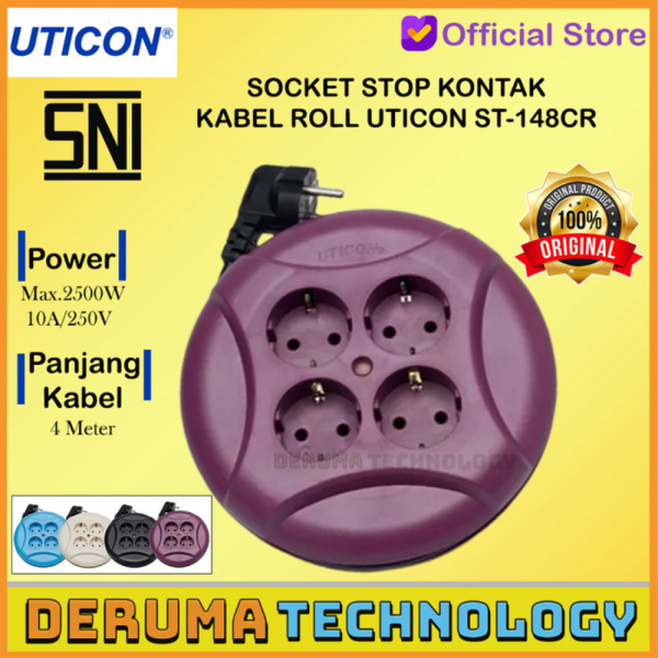 Promo UTICON ST-148CR KABEL ROLL 4M UFO ST148CR 4 METER SOCKET STOP KONTAK - Purple Berkualitas