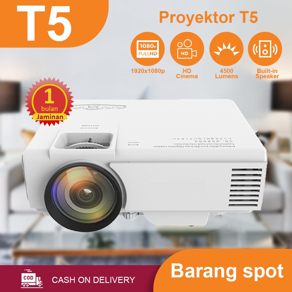 Proyektor T5 4500 Lumens Proyektor Mini Theater Rumah Pintar LED Home Theater Screencasting Ponsel D