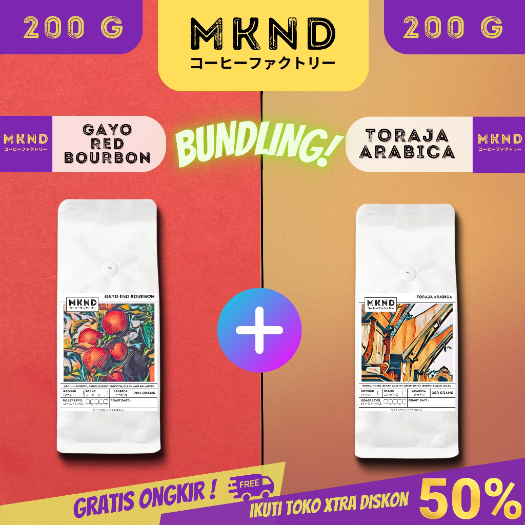 

MKND® BUNDLING HEMAT 2X200 KOPI ARABIKA ACEH GAYO RED BOURBON GRADE 1 SINGLE ORIGIN + TORAJA SAPAN GRADE 1 SINGLE ORIGIN PROMO DISCON | BIJI BUBUK | SINGLE ORIGIN | PREMIUM COFFE | ROASTED BEANS | MANUAL BREW | COFFE ROASTERY