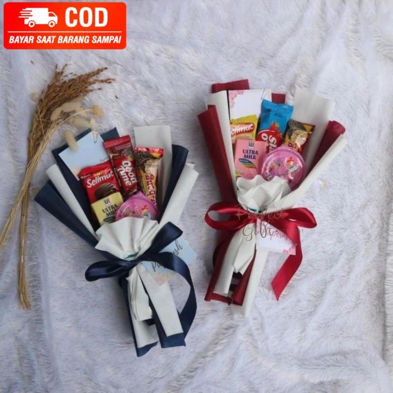 (PERFECTGIFT.OFFICIAL) Kado Hadiah Buket Snack Unisex Mini Bouquet Rustic Warna Netral Putih Coklat 