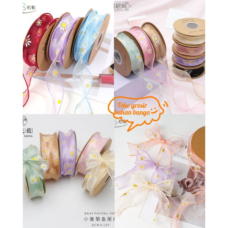

90 cm Ribbon Fisthail Organza Aster Flowers - Pita Organdi Motif Bunga Aster - Pita Organza ukuran 4 cm - Pita Organza Motif Bergelombang