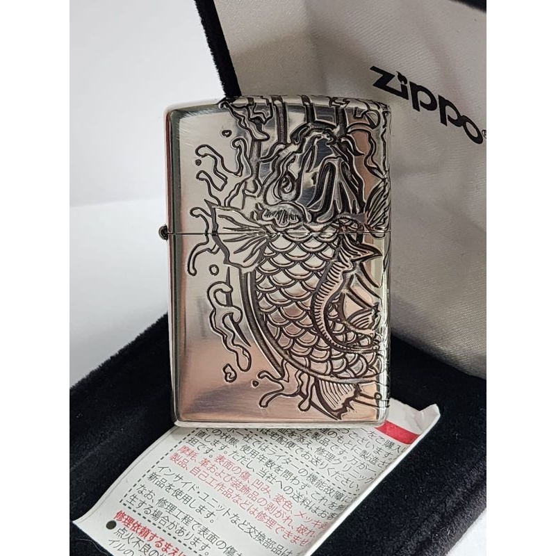 Zippo Original Waterfull Koi Fish 3 sisi Silver Plated Japan