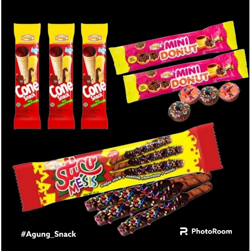 

Happy Time | Cone Snack | Stico Mesis | Mini Donut | 1 Renceng Isi 10 Bungkus