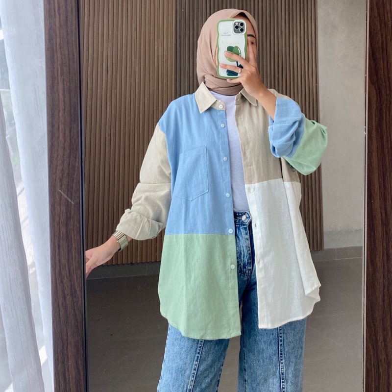 Erika Blouse Kemeja Kombinasi Oversize Linen Angel Jumbo